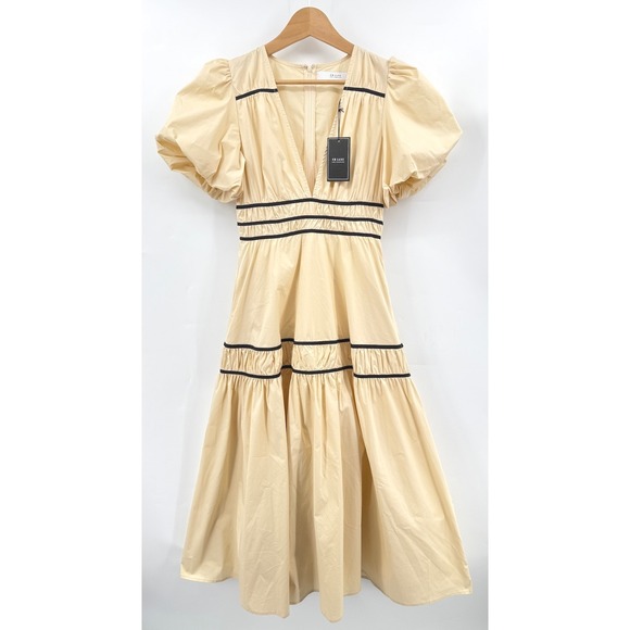 EB LUXE LA Beige Puff Sleeve Tiered Midi French‎ Girl Holiday Party Dress Size S - Picture 3 of 10